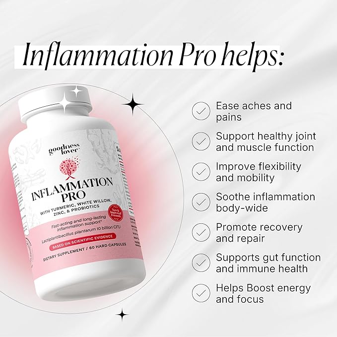 Goodness Lover Inflammation Pro with 10 Billion CFU for Digestive Support Curcumin White Willow bark Extract Zero fillers Vegan 30 Servings