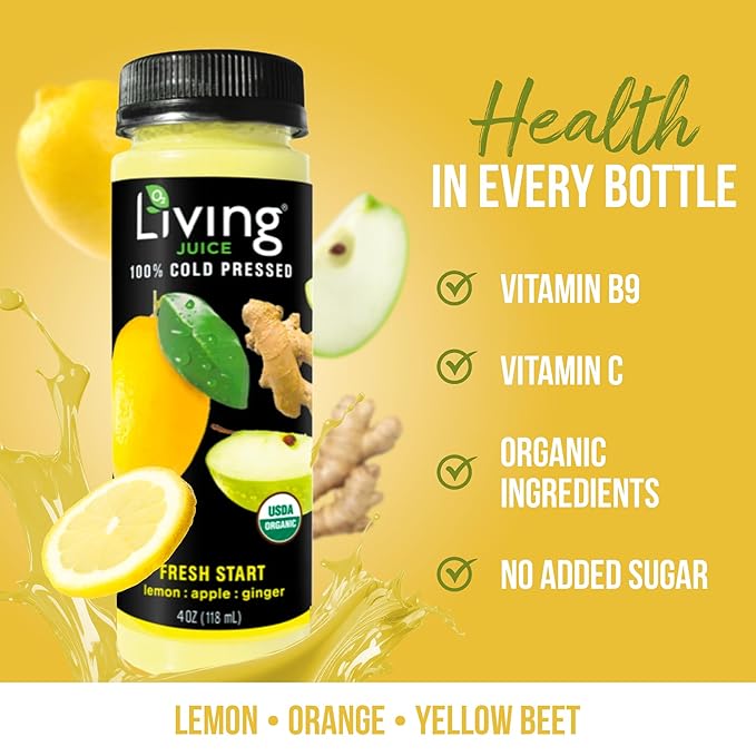 O2 Living Juice Cold Pressed Drink - Fresh Start Organic Juice Pack - No Added Sugars or Water Naturally Sweetened from Fruits Rich in Nutrients &amp Vitamins - Refreshing &amp Non-GMO - 4 fl oz
