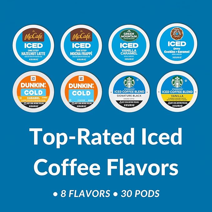 30-Count Cold Brew&amp Iced Coffee K-Cup Pods Variety Pack: Starbucks Mcdonalds Dunkin Green Mountain Donut Shop - Signature Black Vanilla Hazelnut LatteMocha Frappe Caramel Coffee with Recip