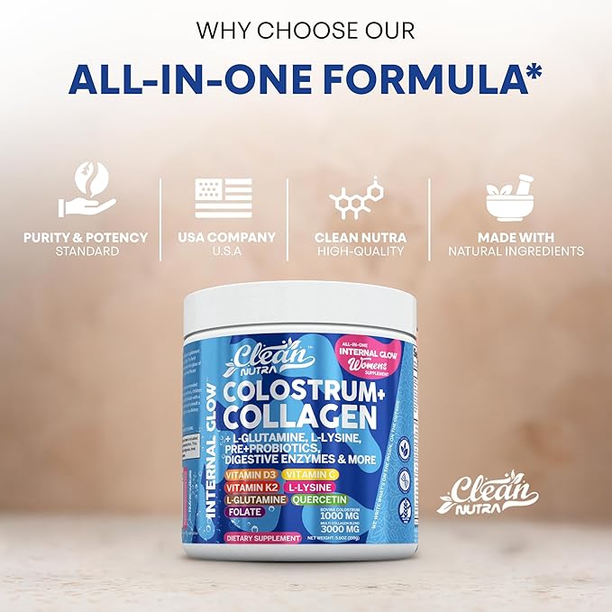 Bovine Colostrum Powder + Collagen Peptides with L-Glutamine L-Lysine Prebiotics Probiotics Digestive Enzymes Vitamin D K2 C Quercetin &amp Folate | Gut Health Supplement Internal Glow by Clean Nutra