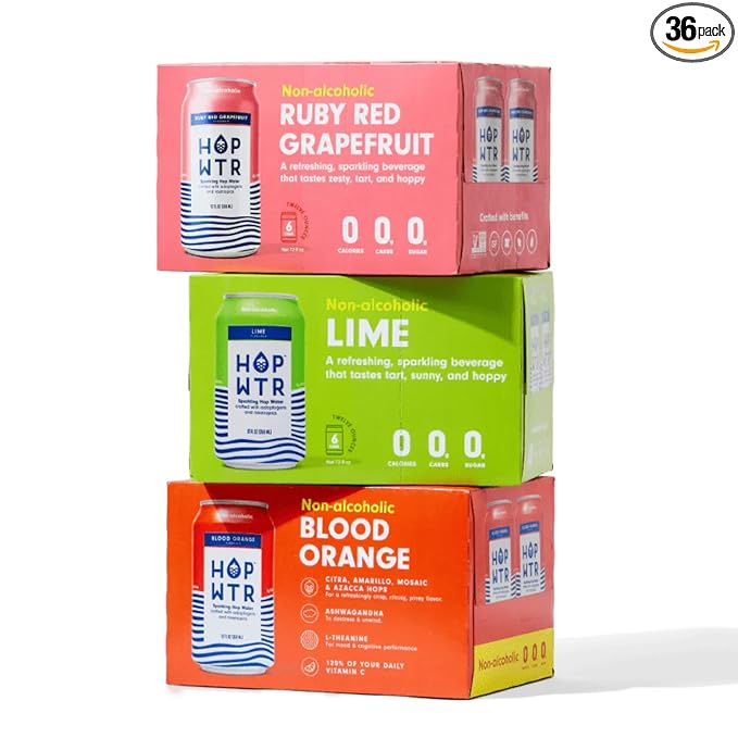 HOP WTR Sparkling Hop Water Citrus Pack 36 Pack Sugar Free Low Carb Non Alcoholic Drinks NA Beer Adaptogen Drink No Calories Adaptogens &amp Nootropics for Added Benefits 12 oz Cans