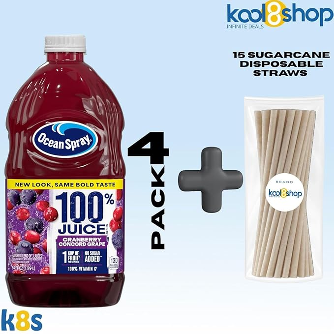 Ocean Spray 100% Cranberry Concord Grape Fruit Juice No Added Sugar 64 fl oz 4 Pack + 15 Sugarcane Disposable Straws by KOOL8SHOP Infinite Deals