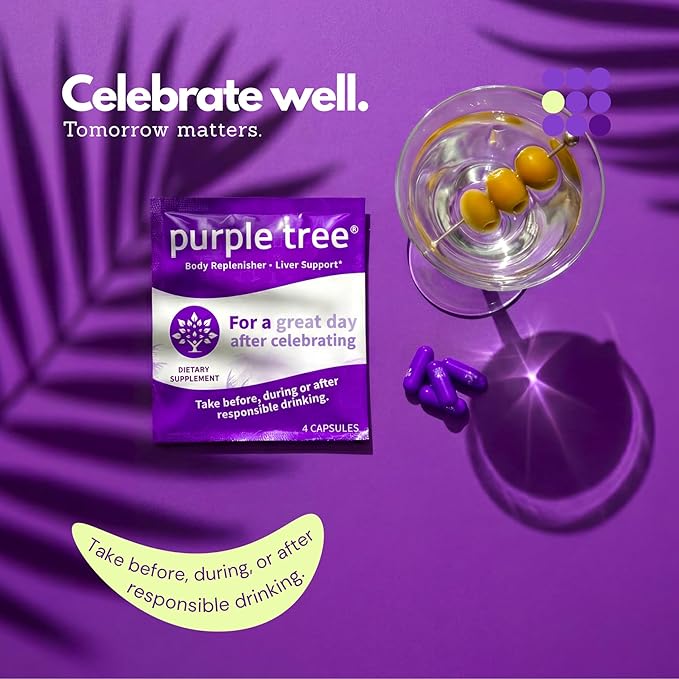 purple tree Post-Drink Wellness Supplement for Liver Support &amp Hydration | Dihydromyricetin DHM Milk Thistle Electrolytes Vitamins | Bachelorette &amp Bachelor Party Kits 30 Packets 120 Pill