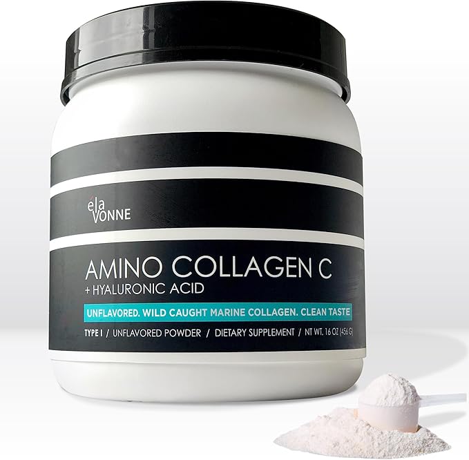 Amino Collagen C with Hyaluronic Acid (60 Servings 16oz_456g) - Non-GMO Marine Collagen Peptides - Hydrolyzed Powder - Unflavored - No Sugar - for Firm Skin Hydration and reducing fine Lines
