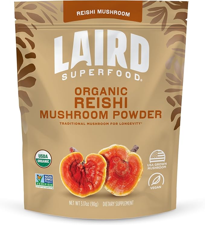 Laird Superfood Organic Reishi Mushroom Powder for Immune Support and Stress Relief 3.17 oz. Bag Pack of 1