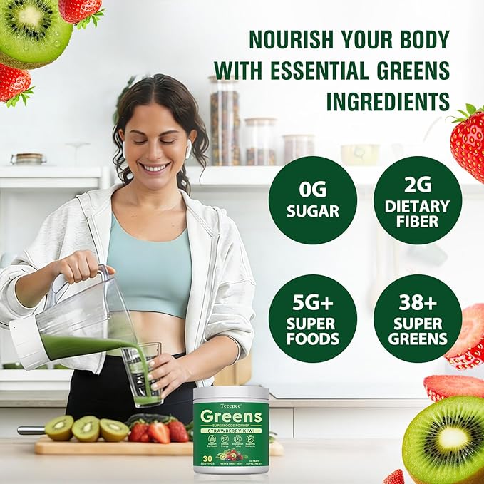 Super Greens Powder Superfood Greens Juice Drink Mix with Spirulina Chlorella Adaptogens &amp Fiber Digestive Enzymes Pre + Probiotics Supplement for Women &amp Men Bloating &amp Gut Health 3
