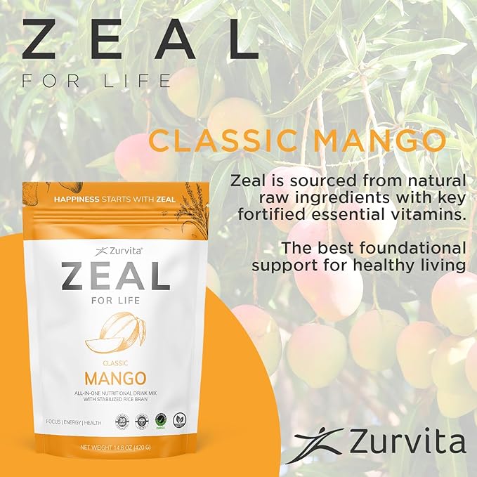 Zurvita Zeal for Life Wellness Drink Mix - Mango Flavor - Gluten-Free Vegan with Biotin Vitamins B12 C D E Iron Magnesium - 30 Servings (420g)