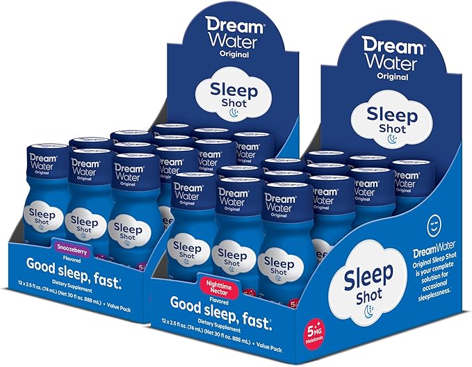 Dream Water Sleep Aid Supplement Drink Melatonin 5mg GABA 5-HTP 2.5 oz Sleep Water Snoozeberry + Nighttime Nectar 24-Pack