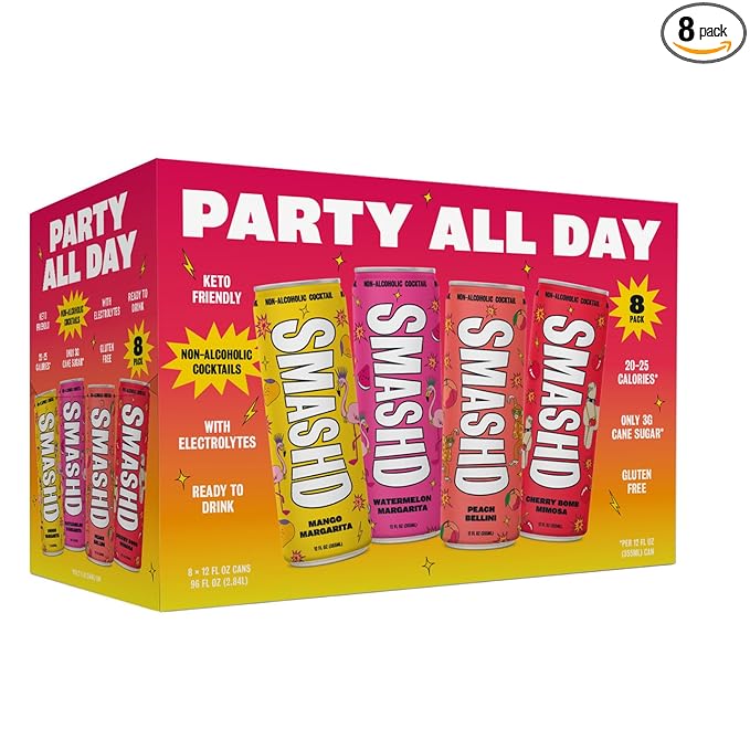 SMASHD Party All Day Non-Alcoholic Cocktail Variety Pack 8 x 12 fl oz Cans | Ready-to-Drink Mocktails | Low Calorie Low Sugar Low Carb | 45 Calories per Can | Gluten Free with Electrolytes