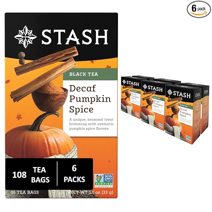 Stash Tea Decaf Pumpkin Spice Black Tea - Decaf Non-GMO Project Verified Premium Tea with No Artificial Ingredients 18 Count (Pack of 6) - 108 Bags Total