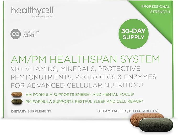 HealhtyCell AM/PM Healthspan System - 90+ Vitamins Minerals Protective Phytonutrients Probiotics &amp Enzymes for Advanced Cellular Nutrition - 60 AM Tablets &amp 60 PM Tablets