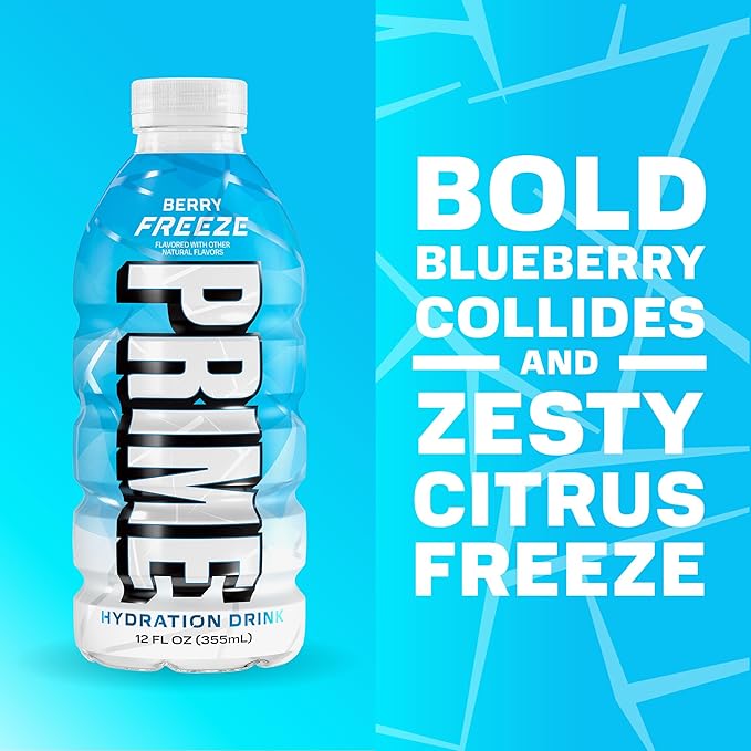 PRIME HYDRATION Berry Freeze Cherry Freeze &amp Ice Pop Sports Drinks 12 Fl Oz 15 Variety Pack &amp PRIME 32 oz Blue Squeeze Sports Water Bottles 12 Pack Bundle