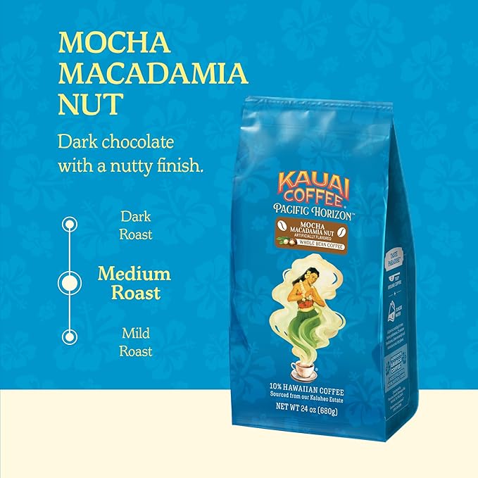 Kauai Coffee Whole Bean Coffee – Smooth Non-Bitter Medium Roast Pure Arabica – Chocolate Flavor and Nutty Aroma – Grown on Hawaii's Largest Coffee Farm – Mocha Macadamia Nut 1 Pack of 10oz