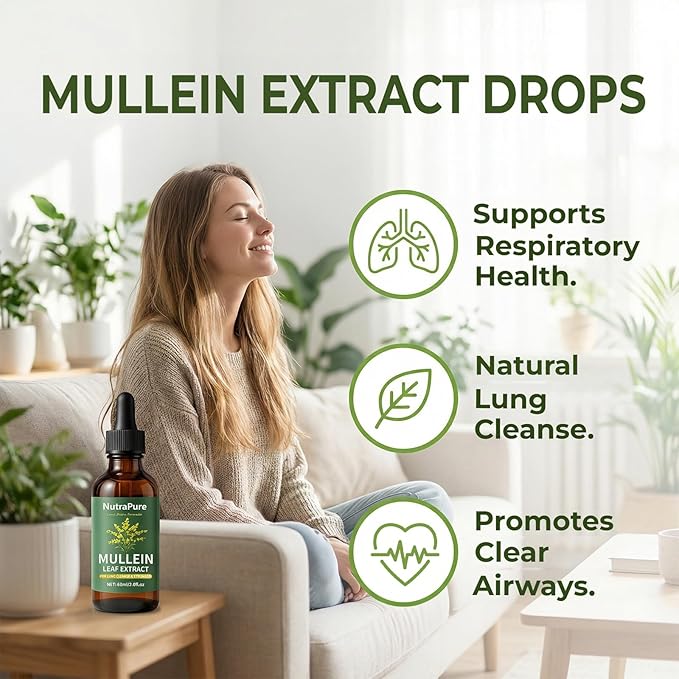 Nutrapure Mullein Extract Drops for Lung Organic Mullein Leaf Supplement Support Lung Cleanse &amp Detox Health &amp Respiratory Comfort &amp Boosts Immune - 2.0fl.oz (1)