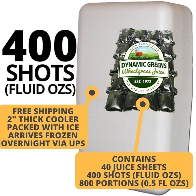 100% Wheatgrass Juice – Field-Grown Flash-Frozen Unpasteurized – 400 fl oz (800 x 0.5 fl oz Portions) – Dynamic Greens