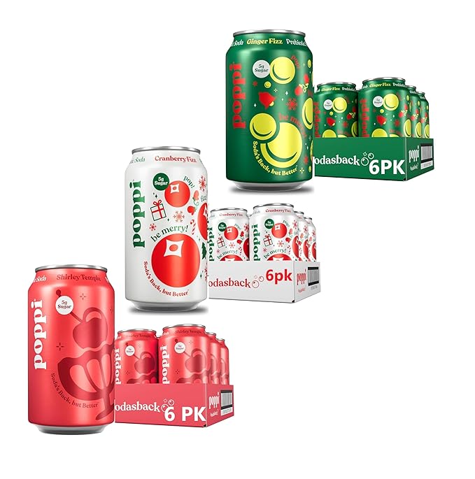 Prebiotic Soda Beverage with Apple Cider Vinegar Seltzer Water and Fruit Juice Holiday assorted flavor 12 oz18 pack (6 Ginger Fizz 6 cramberry fizz 6 Shirley Temple) all limited Edition!