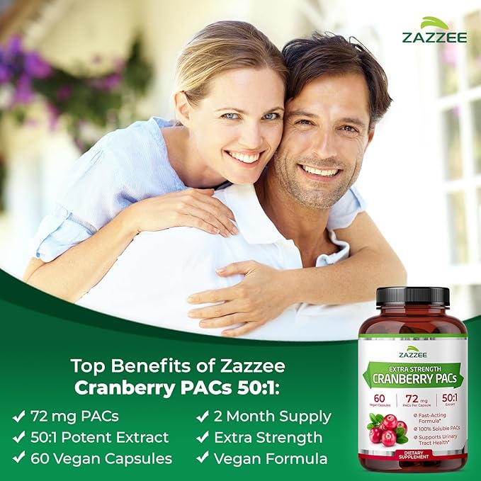 Zazzee Cranberry PACs 72 mg per Capsule 50:1 Extract 60 Vegan Capsules 2X Strength 2 Month Supply Fast-Acting Effective Urinary Tract &amp Bladder Support 100% Soluble PACs Made in the USA
