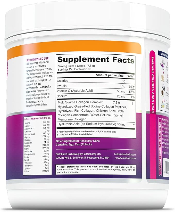 Multi Collagen Peptides Powder for Women - Hydrolyzed Unflavored Collagen Powder for Women with Types I II III V &amp X plus Vitamin C &amp Hyaluronic Acid for Beautiful Hair Skin and Nails - 60 Ser