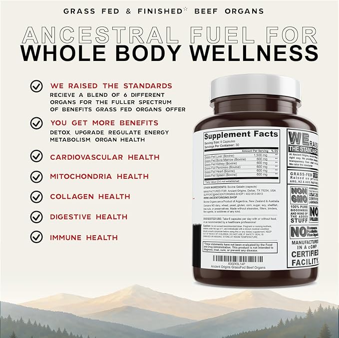Grass Fed Beef Organs Supplement 4500mg - Desiccated Liver Bone Marrow Heart Spleen Pancreas &amp Kidney Non-GMO Gluten Free Undefatted by Ancient Origins (180 Capsules 750mg Each)
