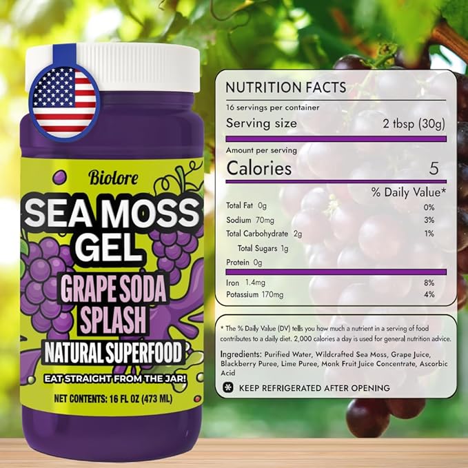 Biolore Grape Splash Sea Moss Gel 16 oz - No Added Sugar Vegan Made in USA - Wildcrafted Sea Moss Superfood with 92 Essential Vitamins - Ready to Use No Prep Needed