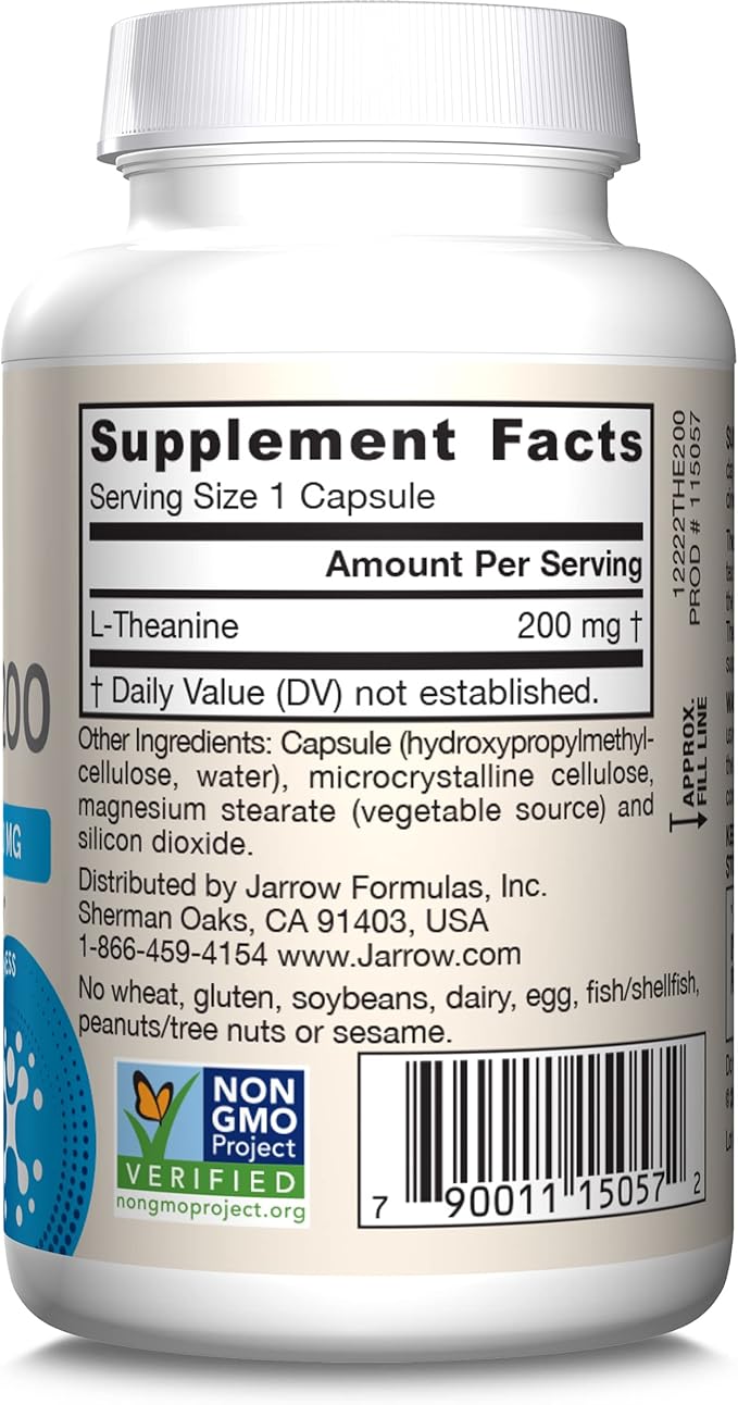 Jarrow Formulas Extra Strength L Theanine 200mg Dietary Supplement that Promotes Relaxation Supplement for Relaxation Support 60 Veggie Capsules 60 Day Supply