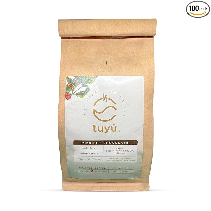 Tuyú Midnight Chocolate Dark Roast Whole Bean Coffee | 12 OZ Premium Colombian Coffee | Strong &amp Intense Dark Roast with Bittersweet Chocolate &amp Caramel Notes