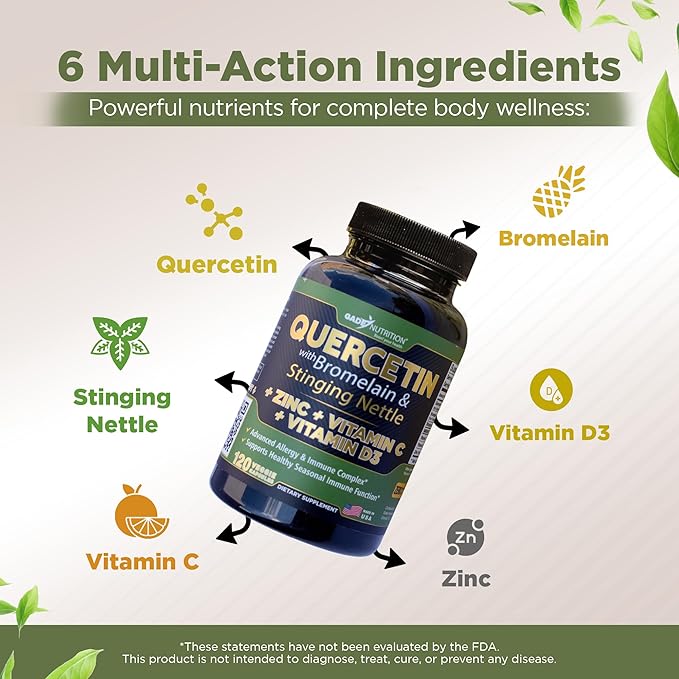 Gade Nutrition Quercetin with Vitamin C Zinc &amp Stinging Nettle - Nettle Quercetin - Quercetin 500mg - Quercetin with Bromelain - Zinc Quercetin + Vitamin D3-360 Veggie Caps - 6 Month Supply