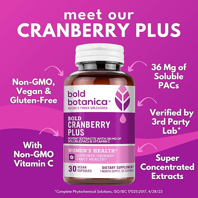 Bold Cranberry Plus Capsules - 100% Soluble 36mg PACs - Cranberry Pills for Women &amp Men with Urinary Tract Support Non-GMO Vitamin C — 30 Vegan Capsules 1 Month Supply