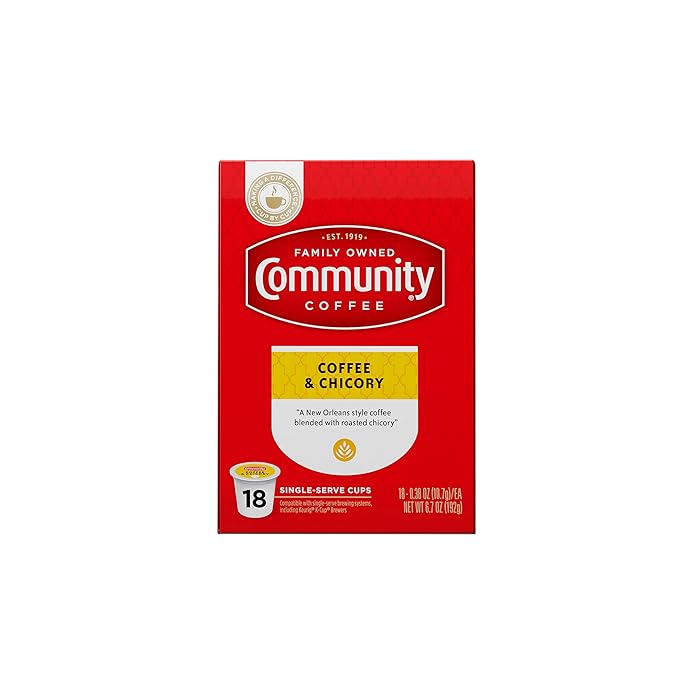 Community Coffee &amp Chicory 18 Count Coffee Pods Medium Roast Compatible with Keurig K-Cup Brewers