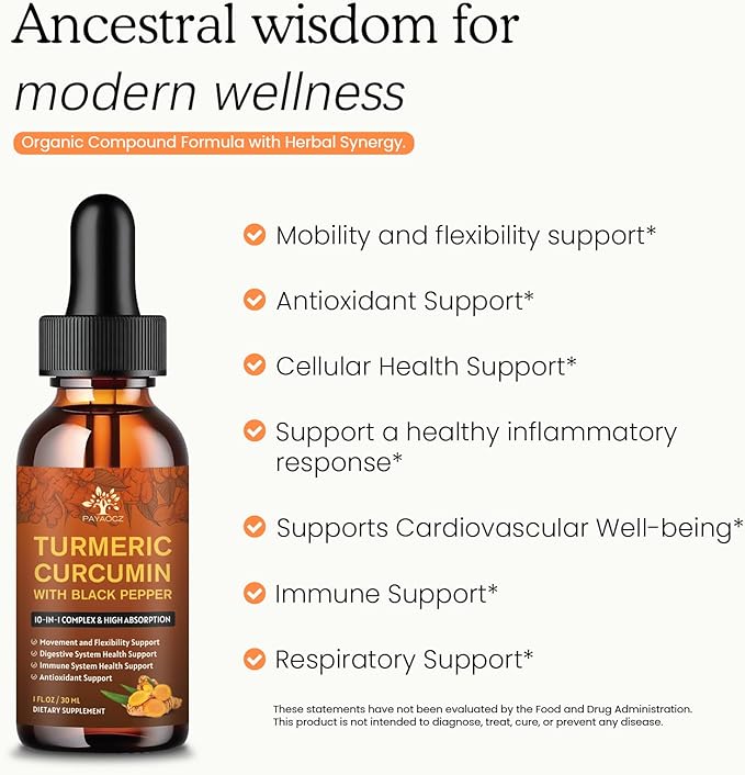(2 Pack) Organic Turmeric Curcumin Supplement with Black Pepper and Ginger - Liquid Turmeric Extract Drops (with Cinnamon Rosemary) - Mobility and Flexibility Support and Digestive Health - 1 Fl Oz