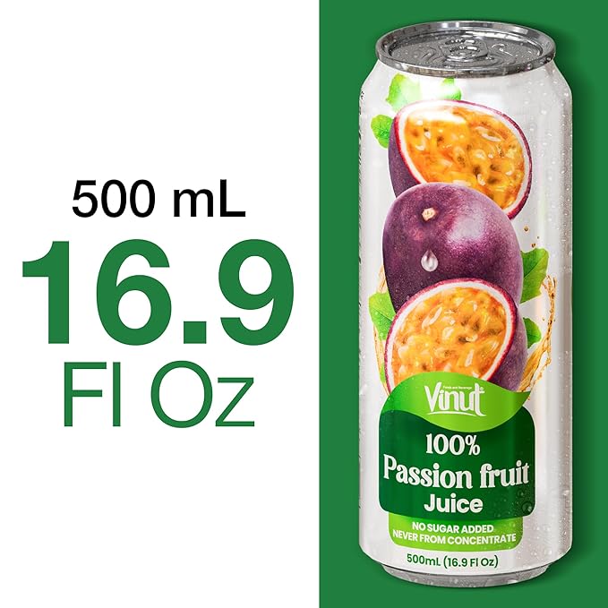 VINUT 100% Passion Fruit Juice No Added Sugar Not From Concentrate 16.9 fl oz (500 mL) Can Pack of 12