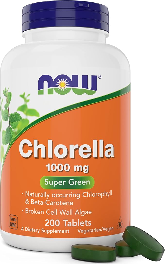 Now Chlorella Tablets1000mg 200 Tabs - Premium Non-GMO Microalgae - Green Superfood Supplement