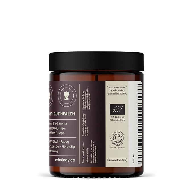 Erbology Organic Aronia Berry Powder 3.2 oz - 30 Servings - Supports Skin Health - Rich in Anthocyanins - Sustainably Sourced Straight from Farm - Small Batch - Vegan - GMO-Free