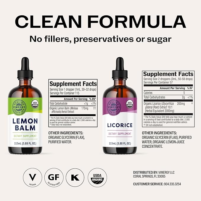 Vimergy GLP-1 Companion Kit* – Lemon Balm (115ml) + Licorice (115ml) – Digestive + Stress Support – Organic Vegan Kosher – Fast-Absorbing Liquid Extracts – Herbal Tea Companion for GLP-1 Users