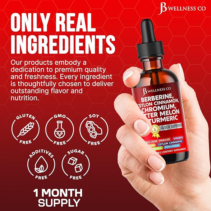 Berberine with Ceylon Cinnamon Supplement Liquid Drops + Bitter Melon Extract Glucomannan Gymnema Chromium Turmeric Panax Ginseng Moringa- 2 OZ