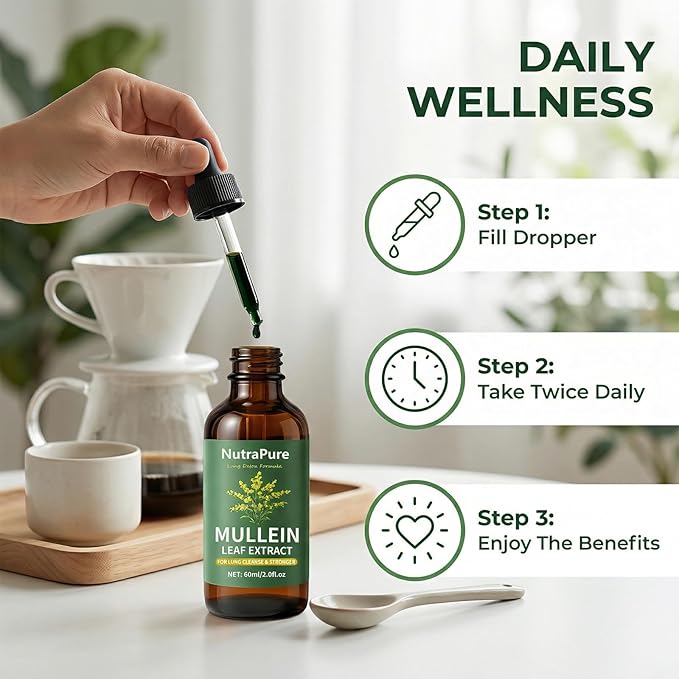 Nutrapure Mullein Extract Drops for Lung Organic Mullein Leaf Supplement Support Lung Cleanse &amp Detox Health &amp Respiratory Comfort &amp Boosts Immune - 2.0fl.oz (1)