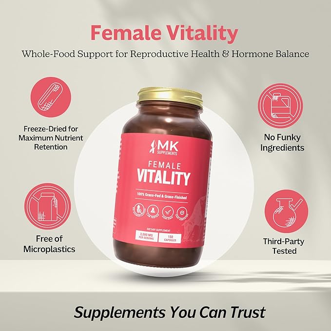 MK Supplements Female Vitality Beef Organ Supplement for Women Supports Reproductive Health and Hormone Balance Freeze-Dried Non-GMO 30 Servings (3000 mg Each)