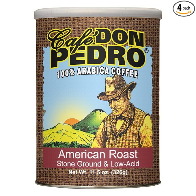 Cafe Don Pedro American Roast Naturally Low Acid Coffee Medium Roast Stone Ground Coffee Stomach Friendly Prevents Acid Reflux. 11.5 Ounce Regular Can (4 Cans)
