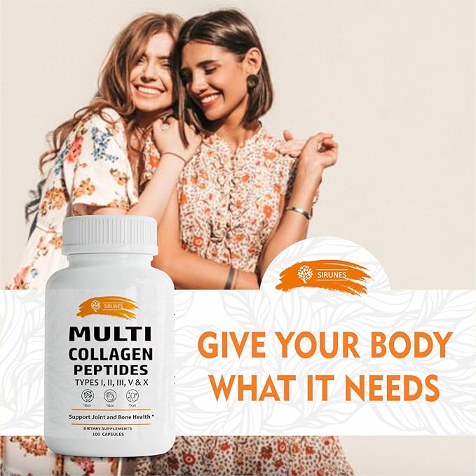 SIRUNES Multi Collagen Peptides Capsules - Non-GMO &amp Gluten Free Type I II III V X Hydrolyzed Collagen Supplements with Vitamin C - Supports Healthy Hair Skin Nails &amp Joints - 100 Capsu