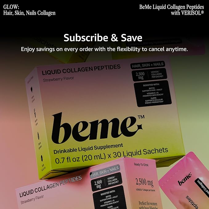 BeMe Liquid Collagen for Women — 2500mg Hydrolyzed Bovine Collagen Peptides Drink with Biotin &amp Vitamin C — Clinically Proven Collagen Supplement for Hair Skin &amp Nails — Strawberry 15 Sache