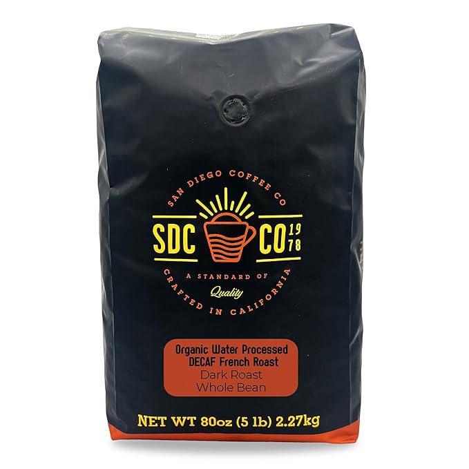 San Diego Coffee Organic French Roast DECAF Dark Roast Whole Bean Coffee 5-Pound Bag Café en grano tostado descafeinado