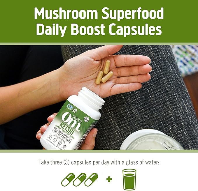 OM MUSHROOM SUPERFOOD Reishi Mushroom Capsules Superfood Supplement 90 Count 30 Days Organic Adaptogen for Stress Relief and Immune Health