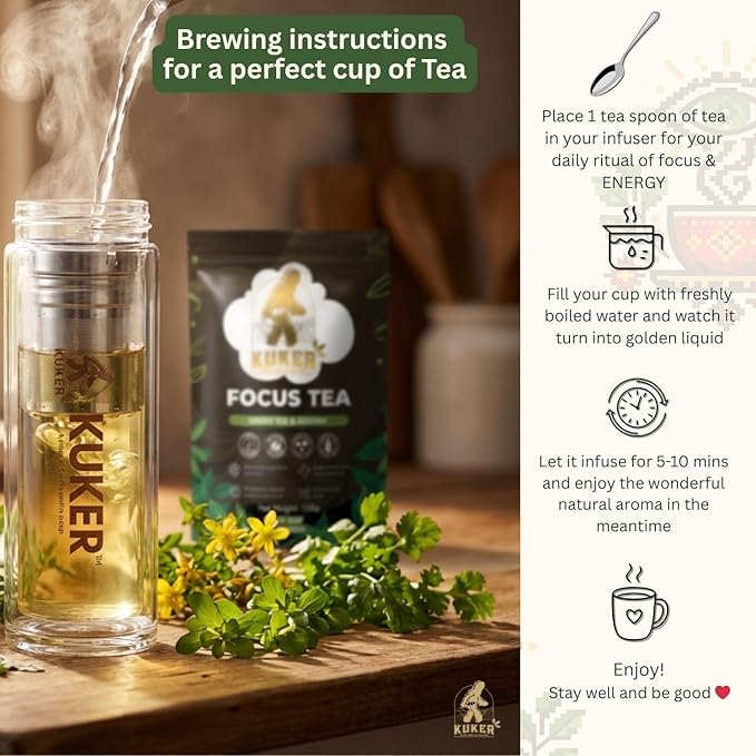KUKER Focus Tea Loose Leaf 100g – Ashwagandha Brain Boost Herbal Mix with Green Tea Brahmi Ashwagandha &amp Rosemary – Natural Nootropic for Mental Clarity &amp Concentration