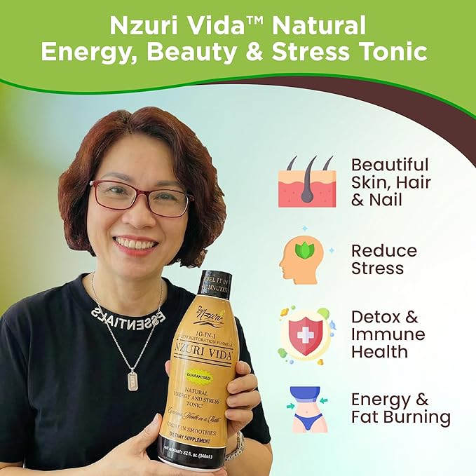 Nzuri Vida All-Natural Energy &amp Stress Support Tonic – 10-in-1 Total Body Restoration Drink with Acai Berry Cupuacu &amp Yerba Mate – Smooth Energy Calm Focus Detox &amp Immune Support 32 OZ