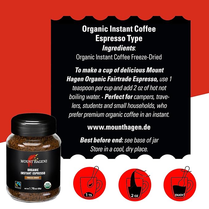 Mount Hagen Instant Espresso Coffee 6 Pack Eco-friendly Organic Espresso Coffee Made From Medium Roast Arabica Beans Freeze Dried Instant Coffee Fair-Trade Kosher [6x1.76oz/50g Jar]