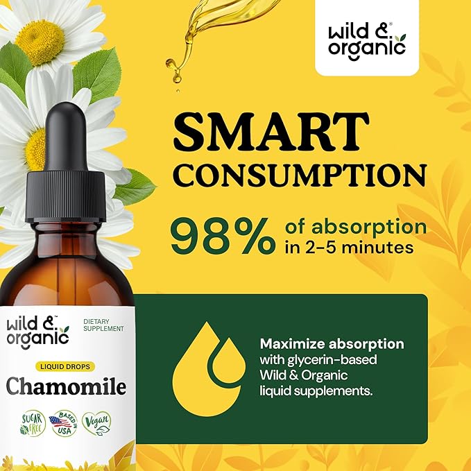 Wild &amp Organic Chamomile Tincture - Relaxing &amp Calming Chamomile Supplement - Liquid Flower Extract Drops - Vegan Sugar &amp Alcohol-Free - 2 fl oz