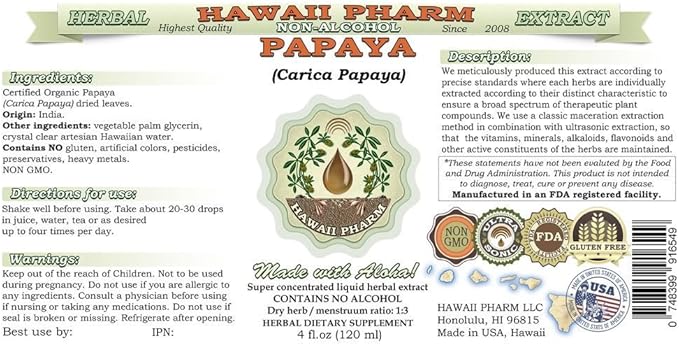 Hawaii Pharm Papaya Alcohol-Free Liquid Extract Professional Grade Small Batch Crafted (Carica Papaya) Dried Leaf Glycerite Natural Herbal Supplement 4x4 fl.oz