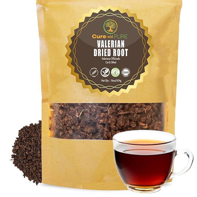 Cure wid Pure Organic Valerian Root Tea - CutSifted &amp Non-Irradiated Valerian Tea Promotes Natural Relaxing Sleep - Te De Valeriana officinalis in Resealable Eco Friendly Pouch 16oz