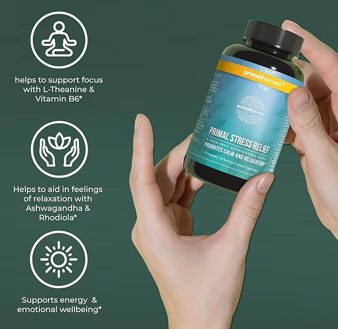 Primal Harvest Stress Relief Supplement for Women and Men Pure Ashwagandha Root Extract L-Theanine Supplements 60 Capsules