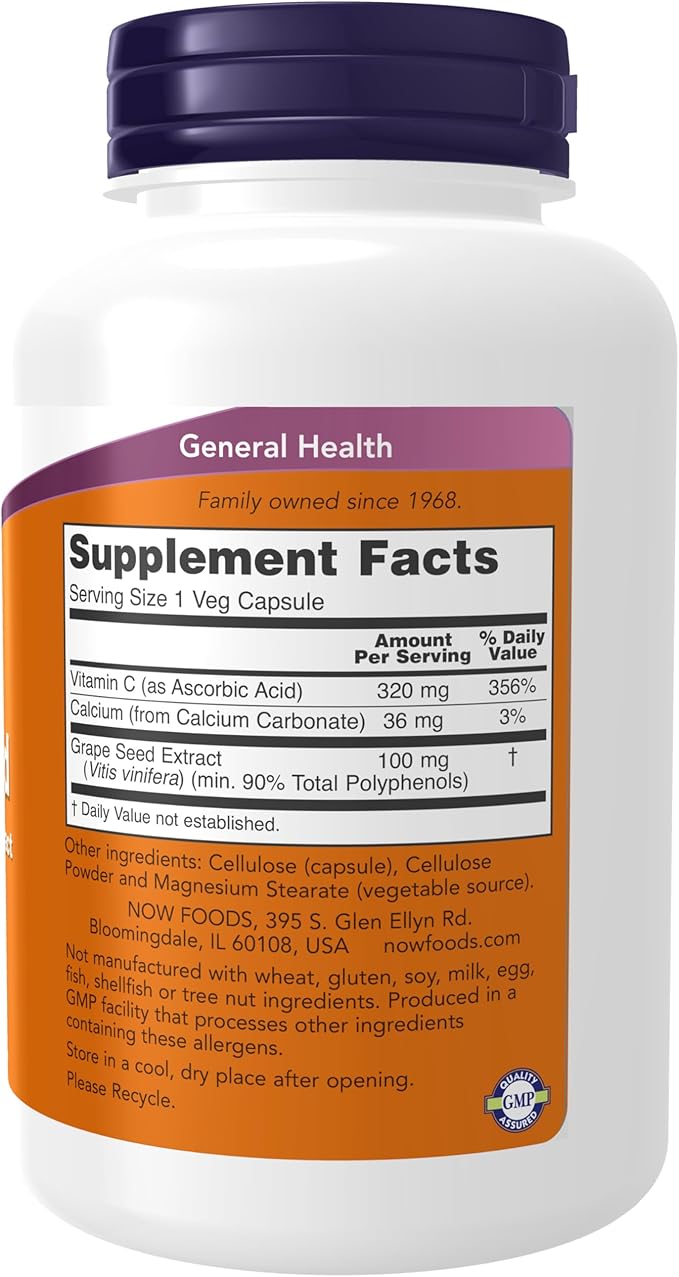 NOW Foods Supplements Grape Seed 100 mg - Standardized Extract Highly Concentrated Extract with a Minimum of 90% Polyphenols with Vitamin C 200 Veg Capsules